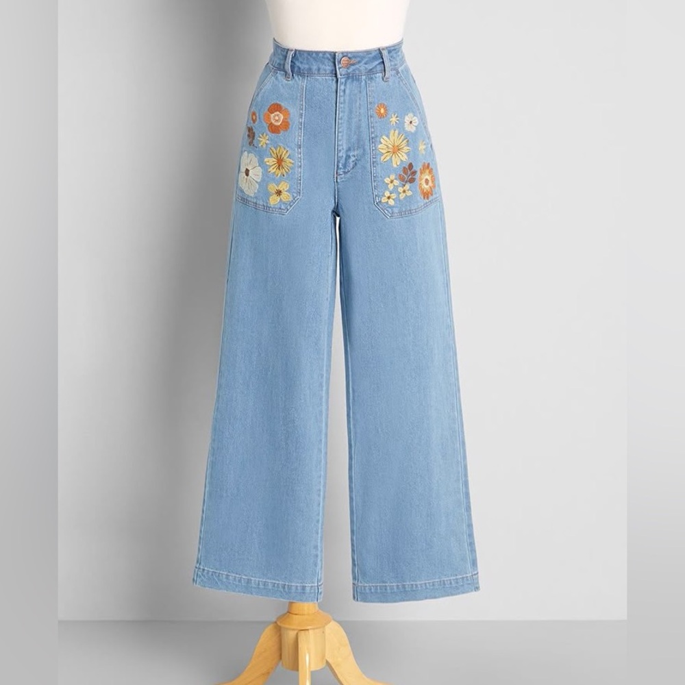 Princess Highway Blue Flare Jeans with Floral Embroidery